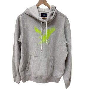 American Eagle Hoodie Mens Medium Gray Neon Green Eagle Graphic Pullover 2013